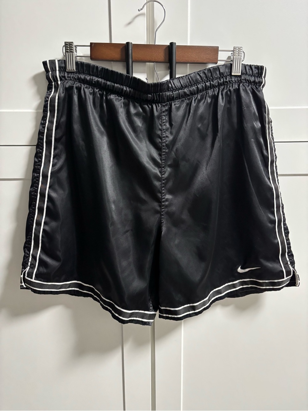 VTG 90s Nike Shiny Satin Athletic Shorts Black White Piping - Size S